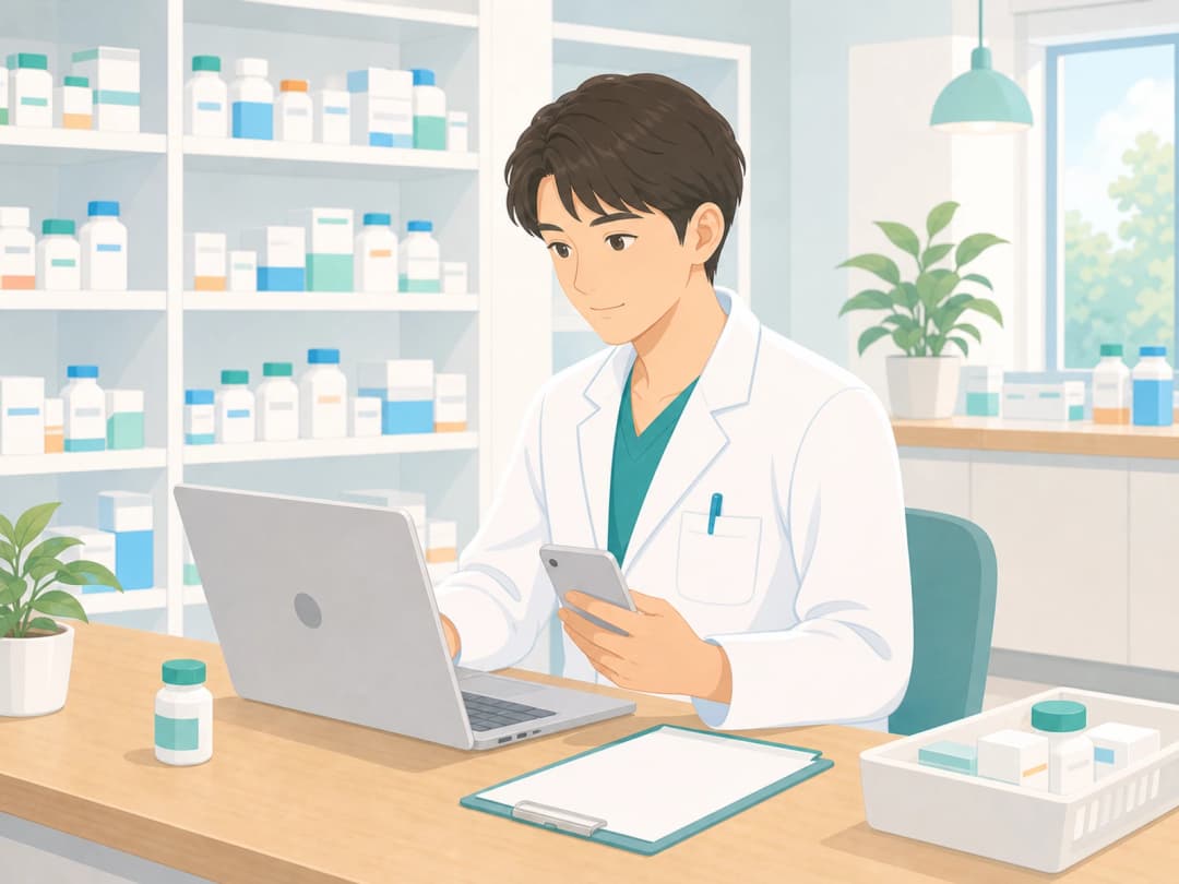 男性薬剤師がデスクでPCに向かいながらスマートフォンを手に業務をしているシーン